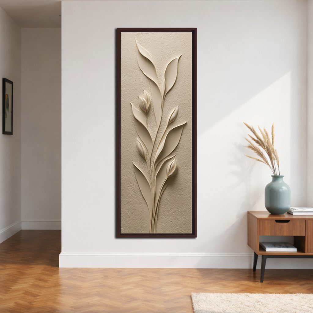 Beige Sculpted Tulip Botanical canvas wall art, walnut floating frame