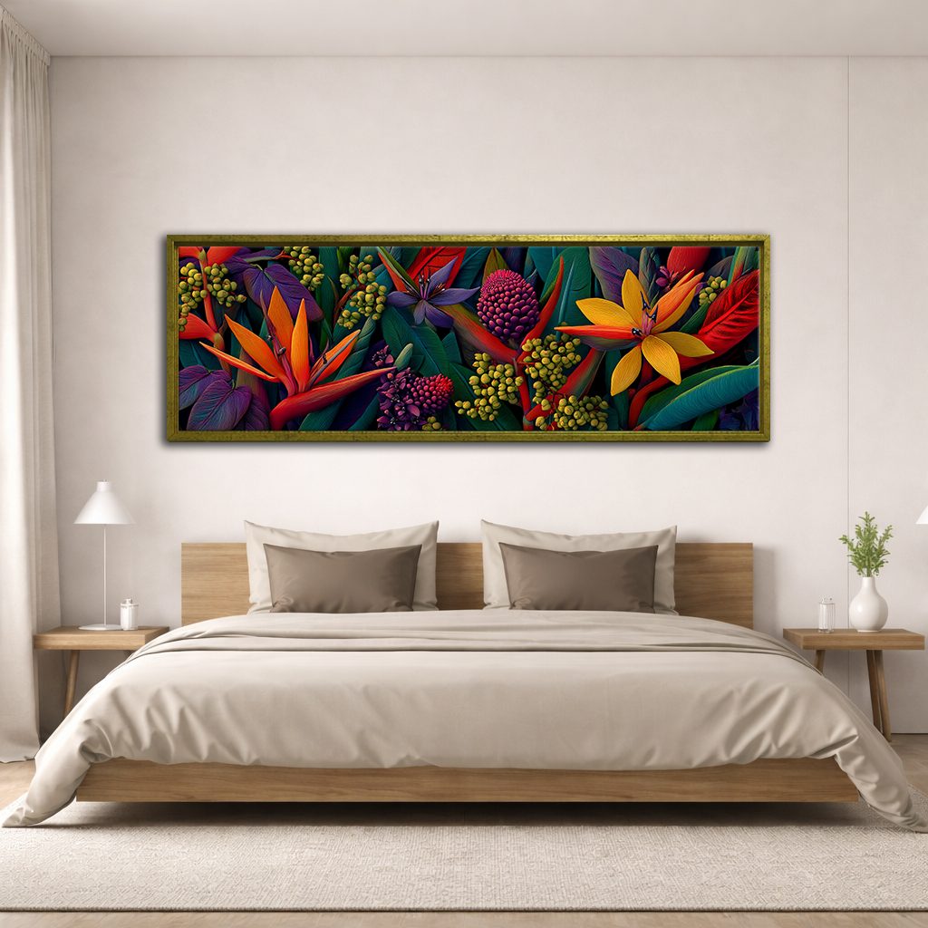 Bird of Paradise Tropical Flowers canvas wall art, antique gold floating frame