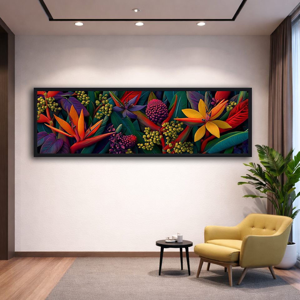 Bird of Paradise Tropical Flowers canvas wall art, black floating frame