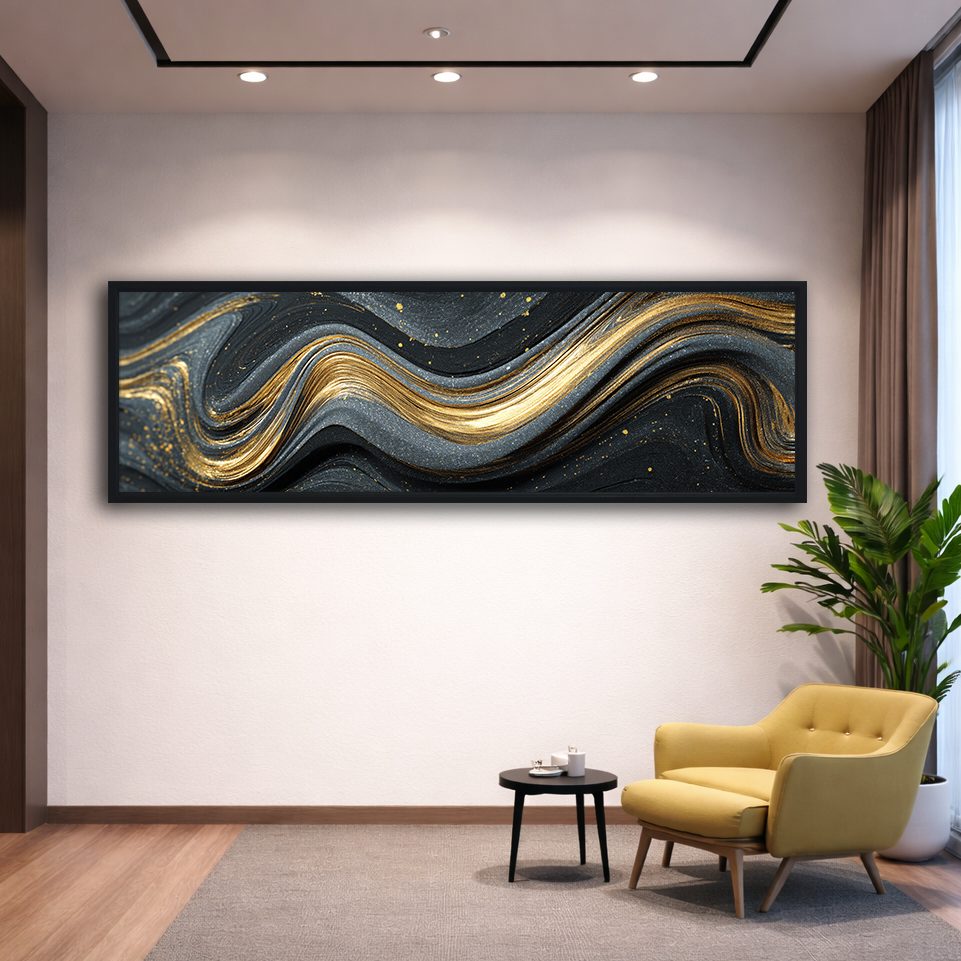 Black and Gold Marble Swirl Abstract canvas wall art, black floating frame