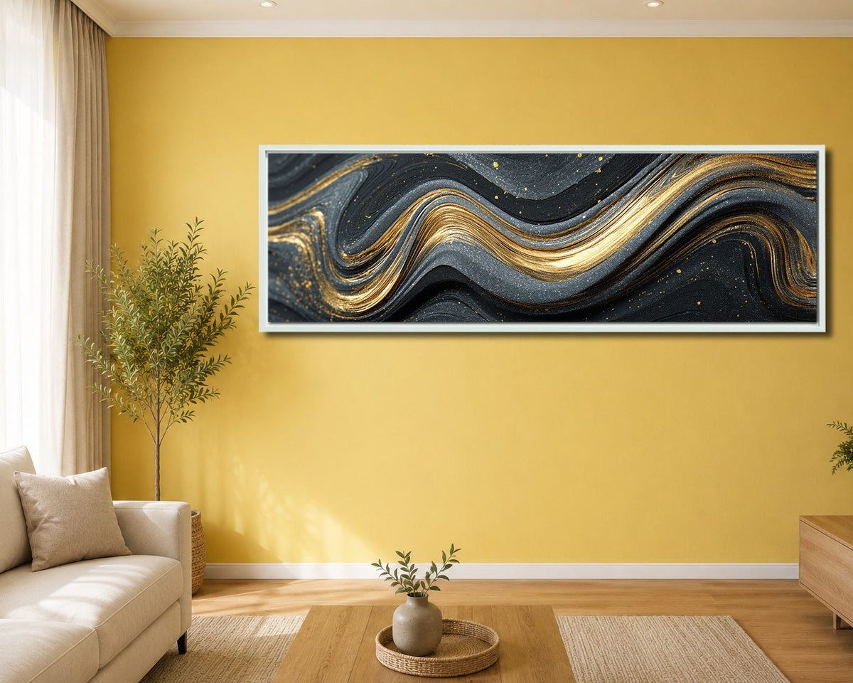 Black and Gold Marble Swirl Abstract canvas wall art, white floating frame