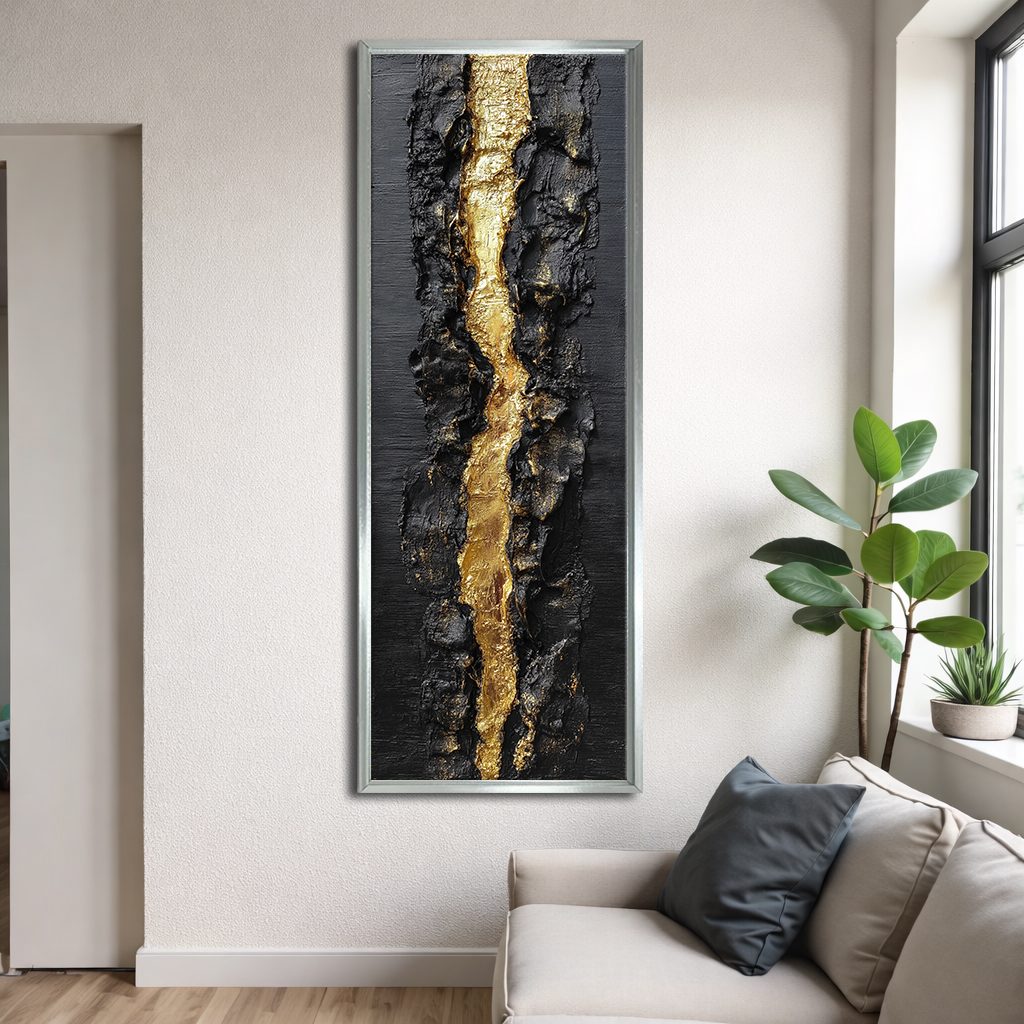 Black and Gold Textured Abstract canvas wall art, silver floating frame