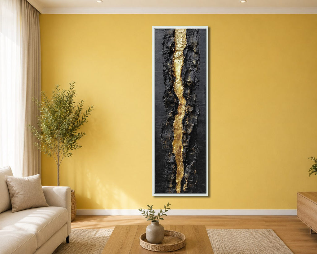 Black and Gold Textured Abstract canvas wall art, white floating frame