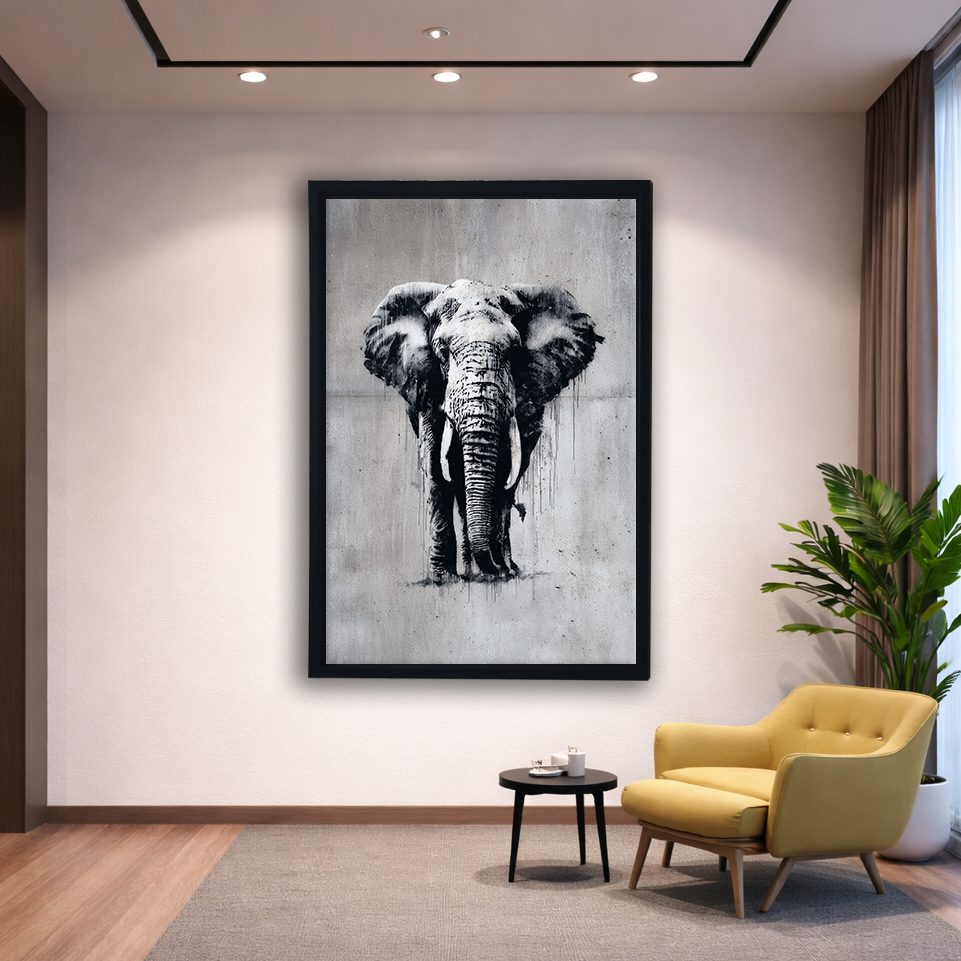 Black and White Elephant Sketch canvas wall art, black floating frame