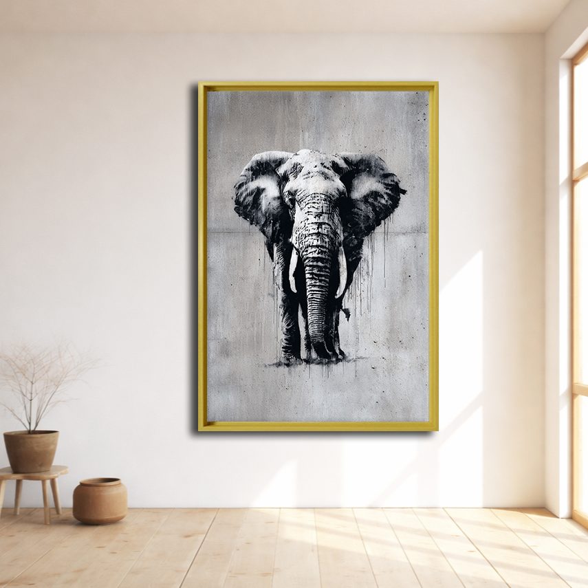 Black and White Elephant Sketch canvas wall art, natural wood floating frame