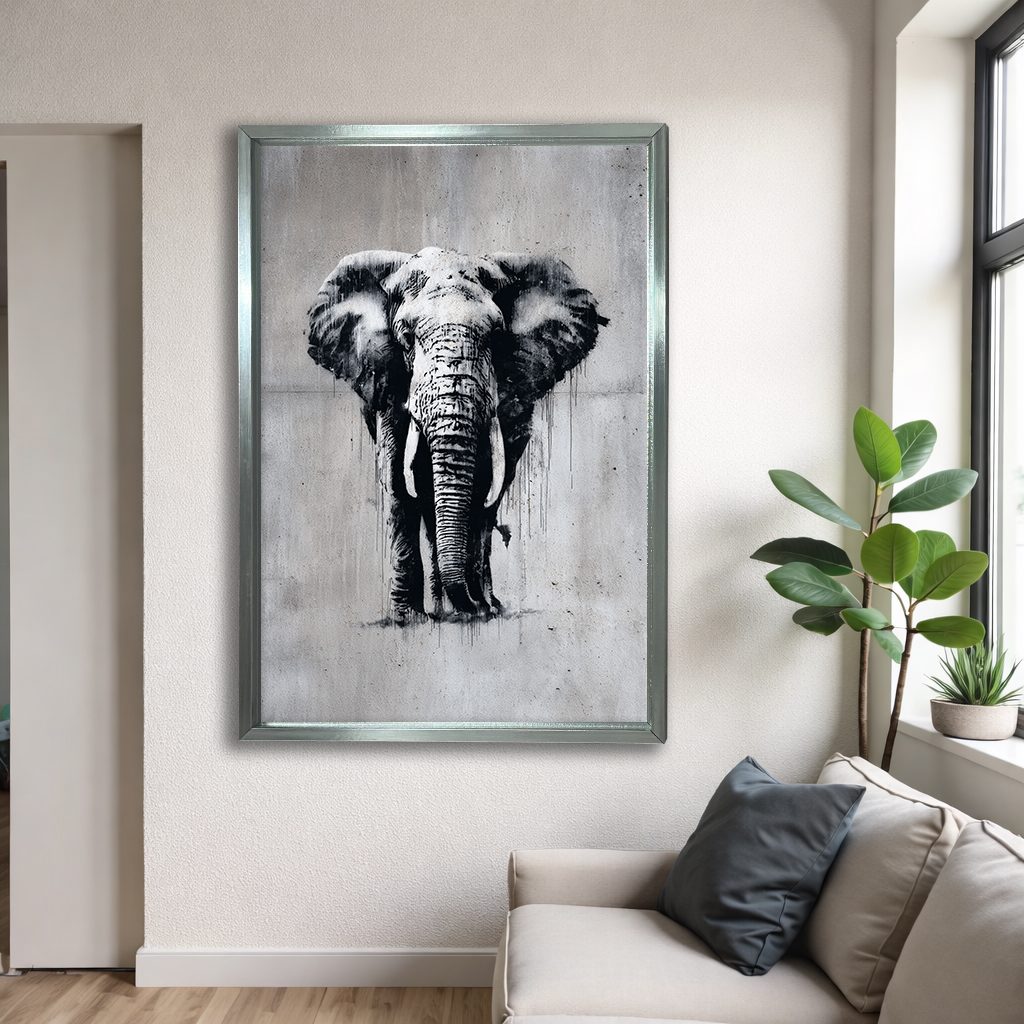 Black and White Elephant Sketch canvas wall art, silver floating frame