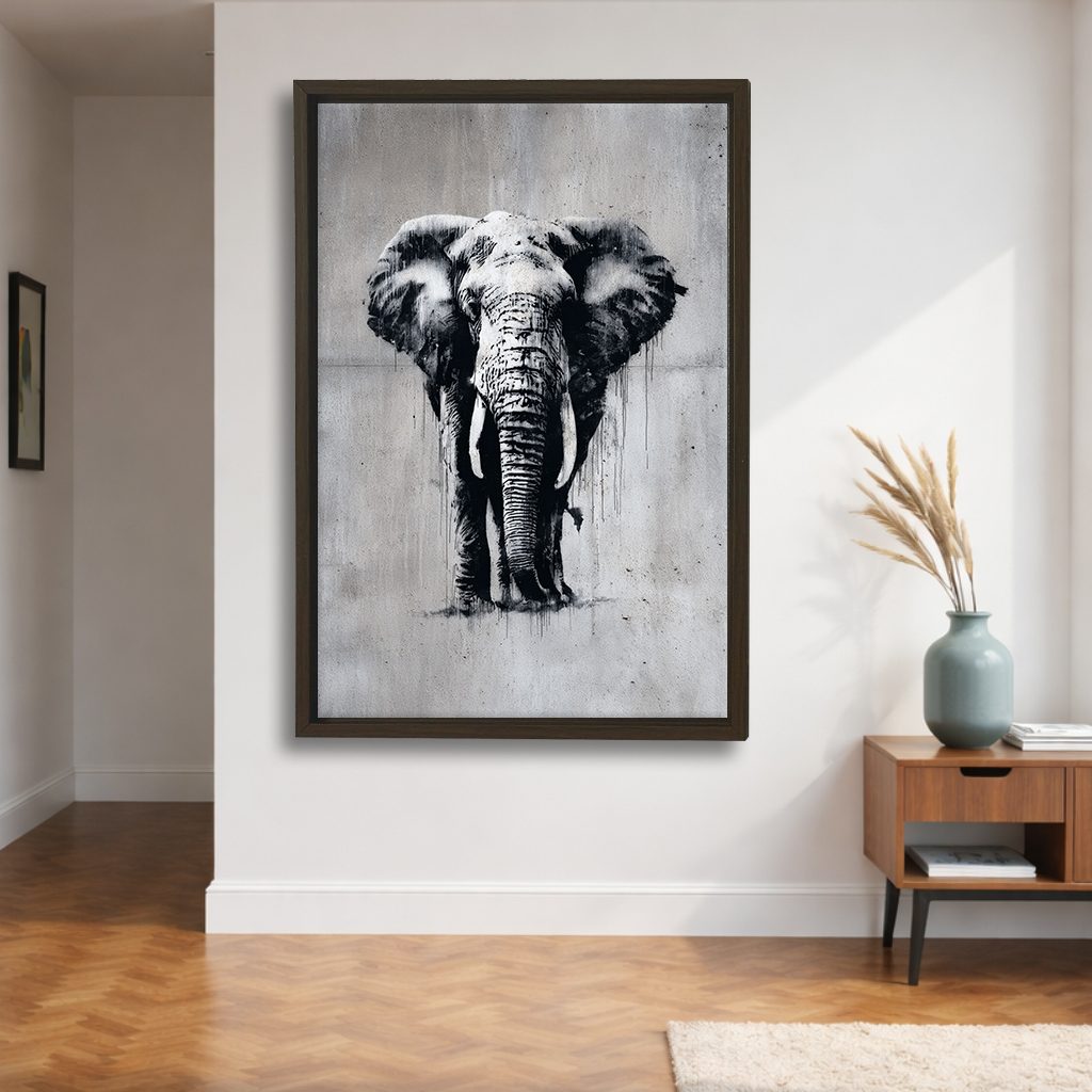 Black and White Elephant Sketch canvas wall art, walnut floating frame