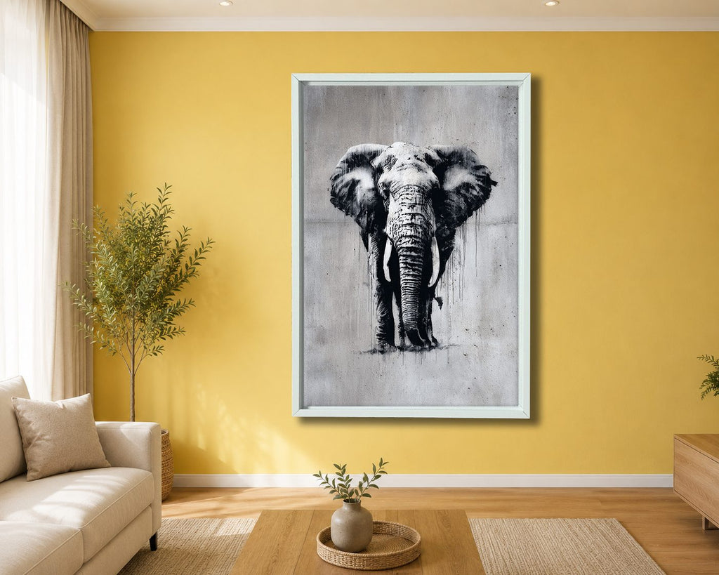 Black and White Elephant Sketch canvas wall art, white floating frame