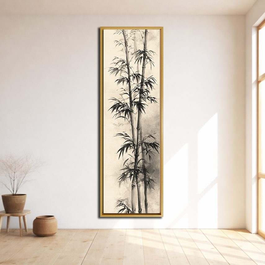 Black Bamboo Ink Painting canvas wall art, natural wood floating frame