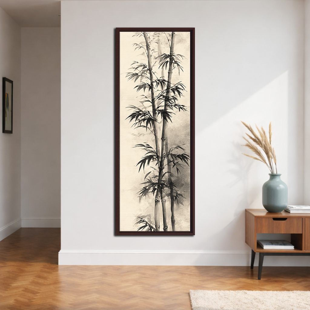 Black Bamboo Ink Painting canvas wall art, walnut floating frame