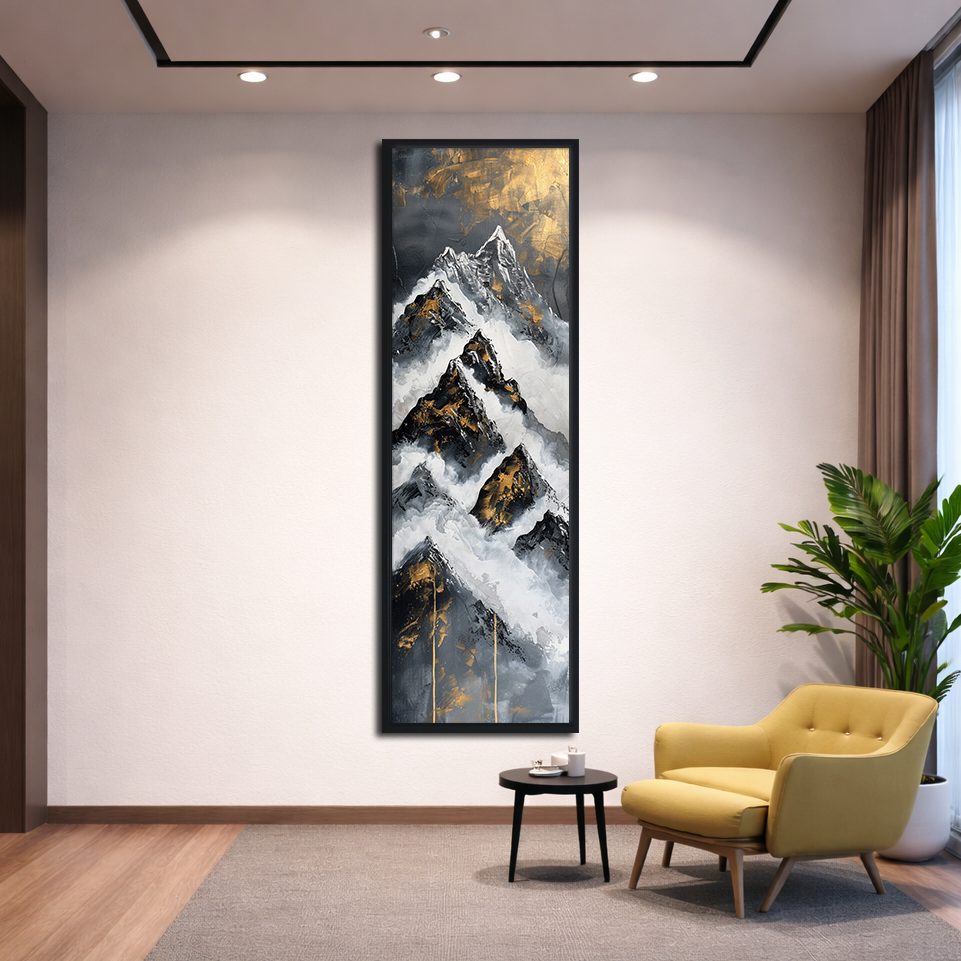 Black, White and Gold Mountain Abstract canvas wall art, black floating frame