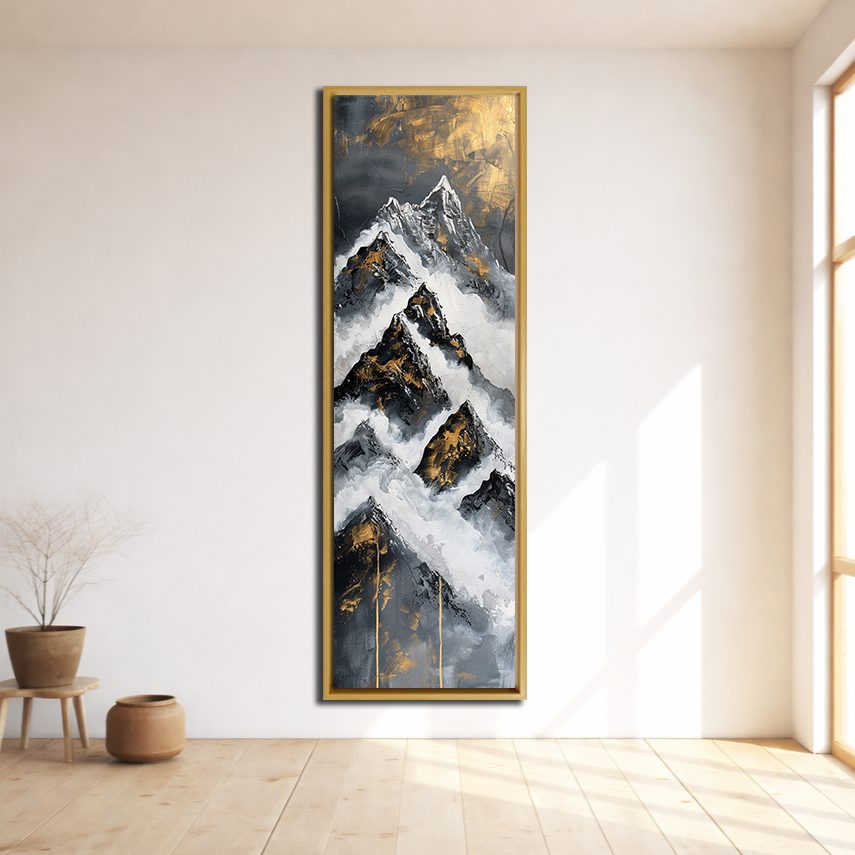 Black, White and Gold Mountain Abstract canvas wall art, natural wood floating frame