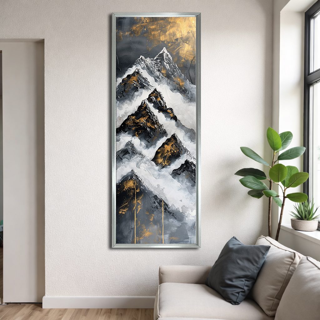 Black, White and Gold Mountain Abstract canvas wall art, silver floating frame