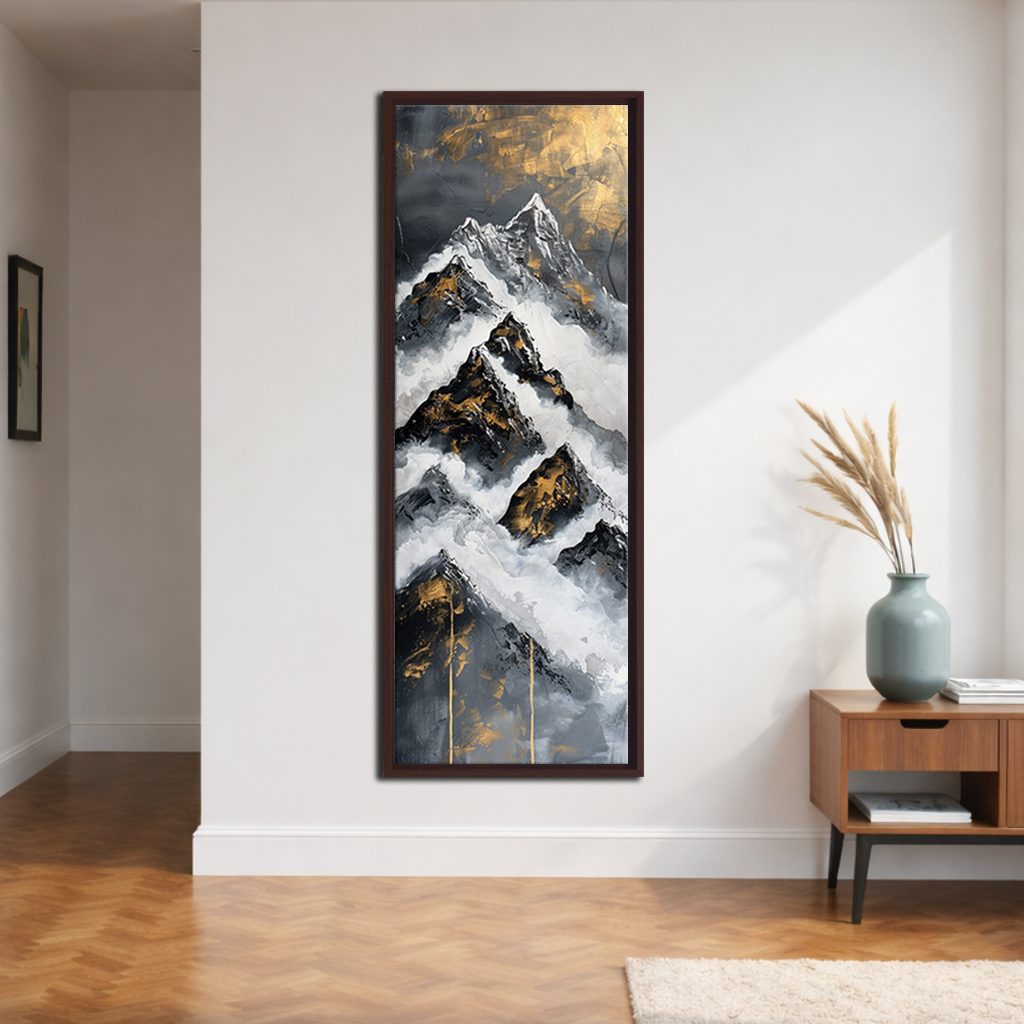 Black, White and Gold Mountain Abstract canvas wall art, walnut floating frame