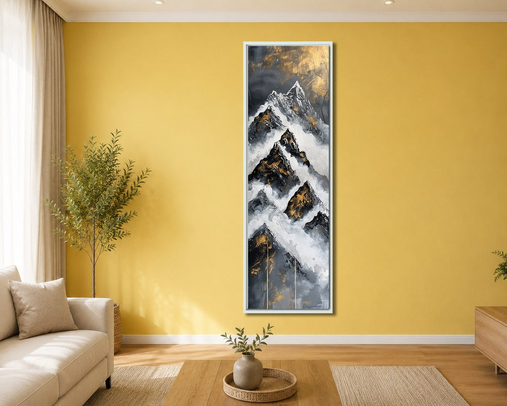 Black, White and Gold Mountain Abstract canvas wall art, white floating frame