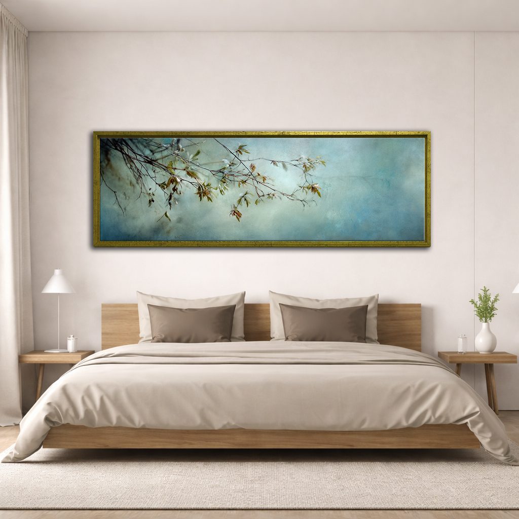 Blossom Branch on Misty Teal canvas wall art, antique gold floating frame
