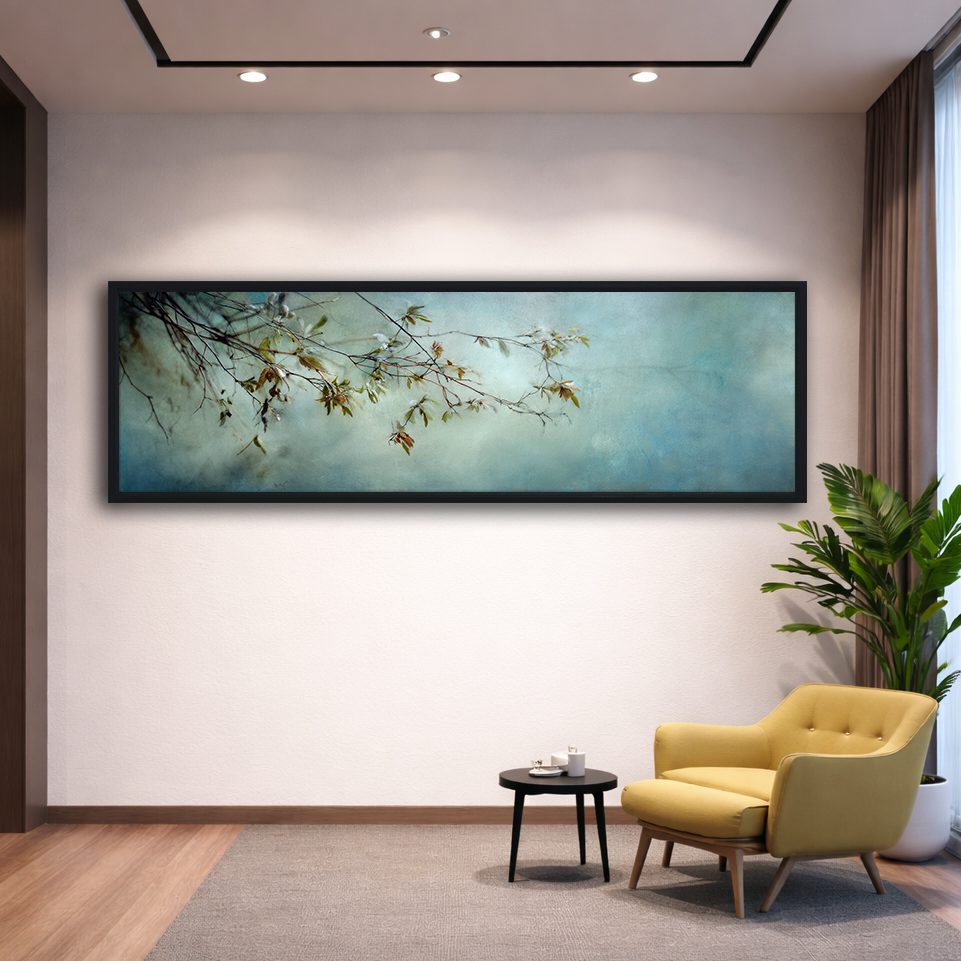 Blossom Branch on Misty Teal canvas wall art, black floating frame