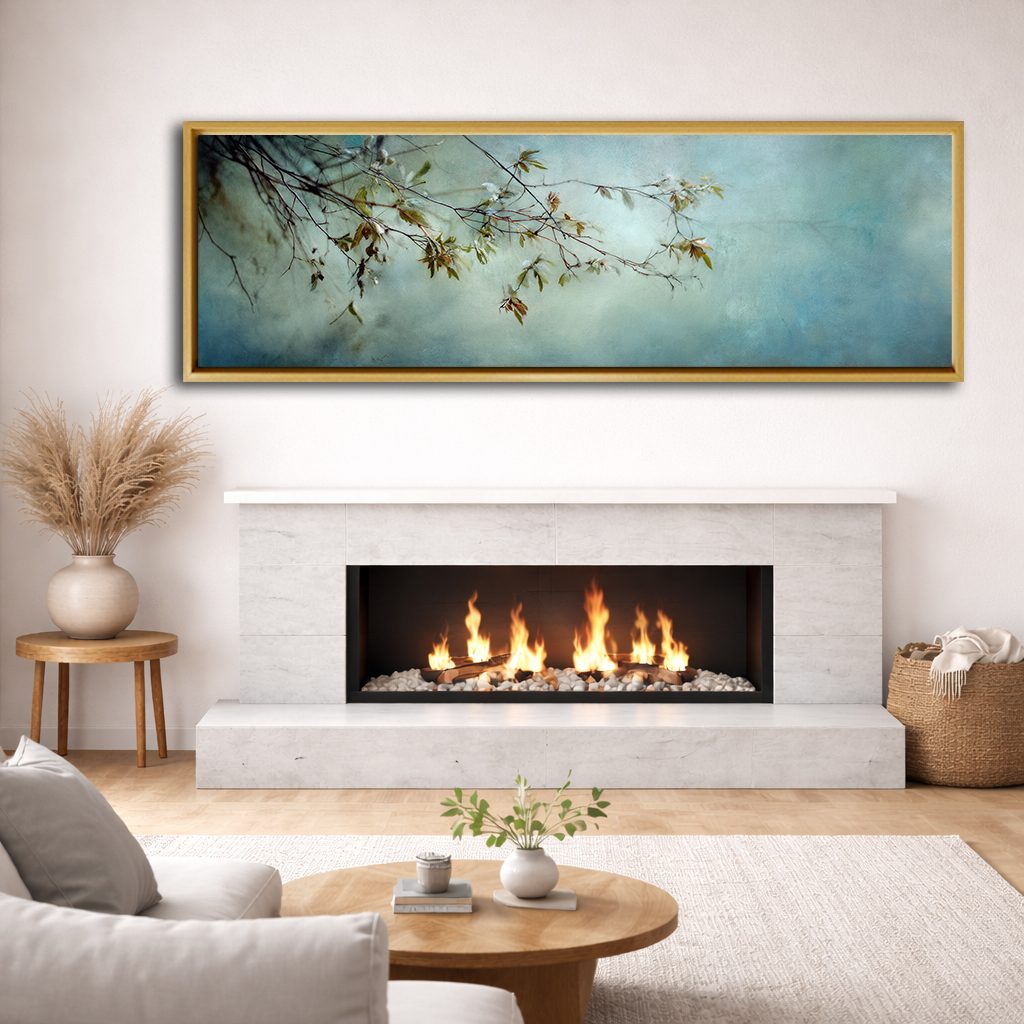 Blossom Branch on Misty Teal canvas wall art, natural wood floating frame