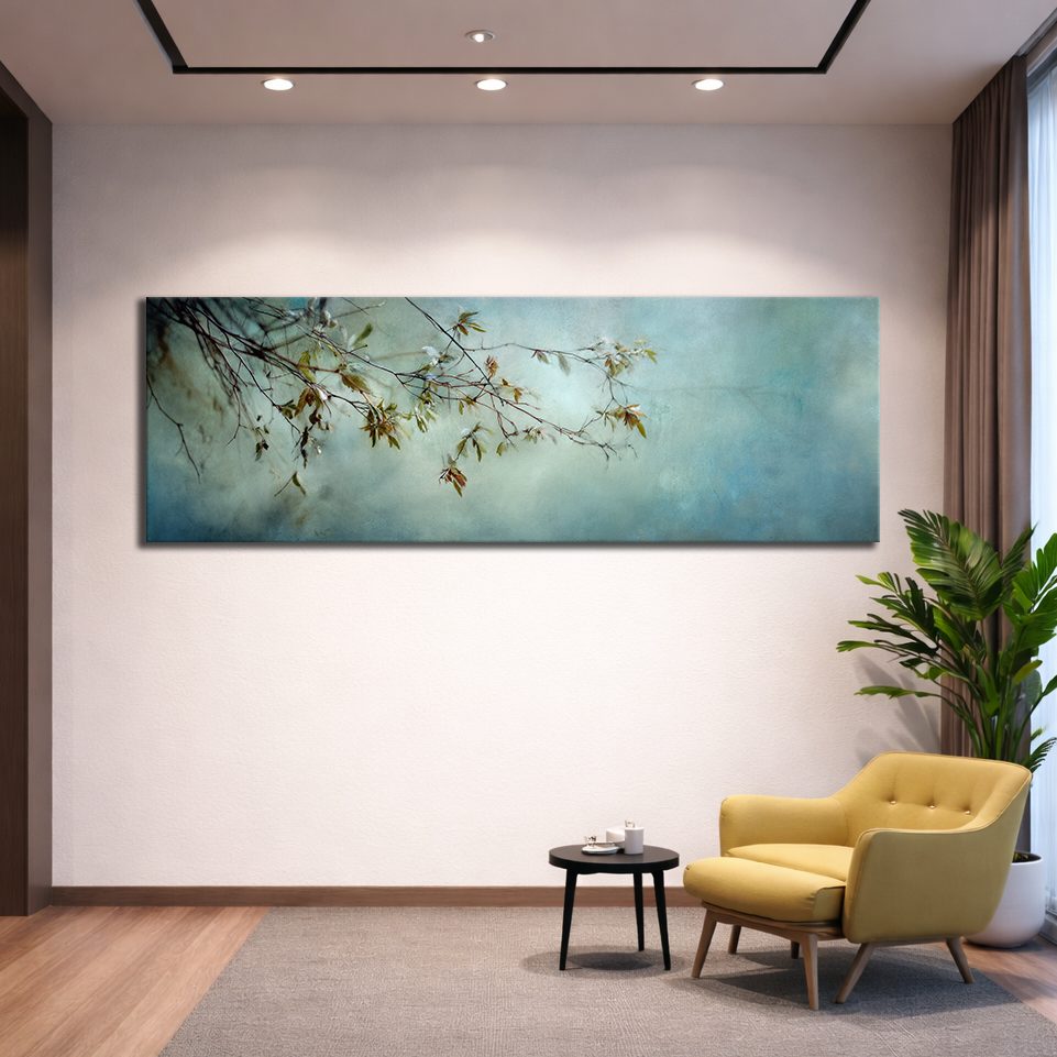 Blossom Branch on Misty Teal canvas wall art, unframed canvas