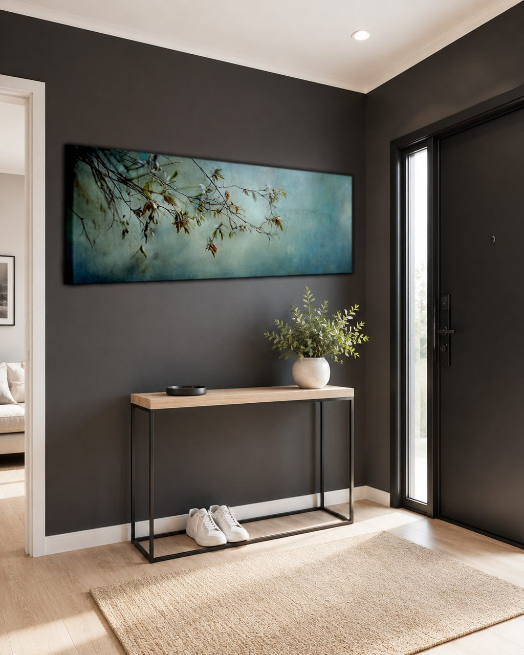 Blossom Branch on Misty Teal canvas wall art, unframed canvas
