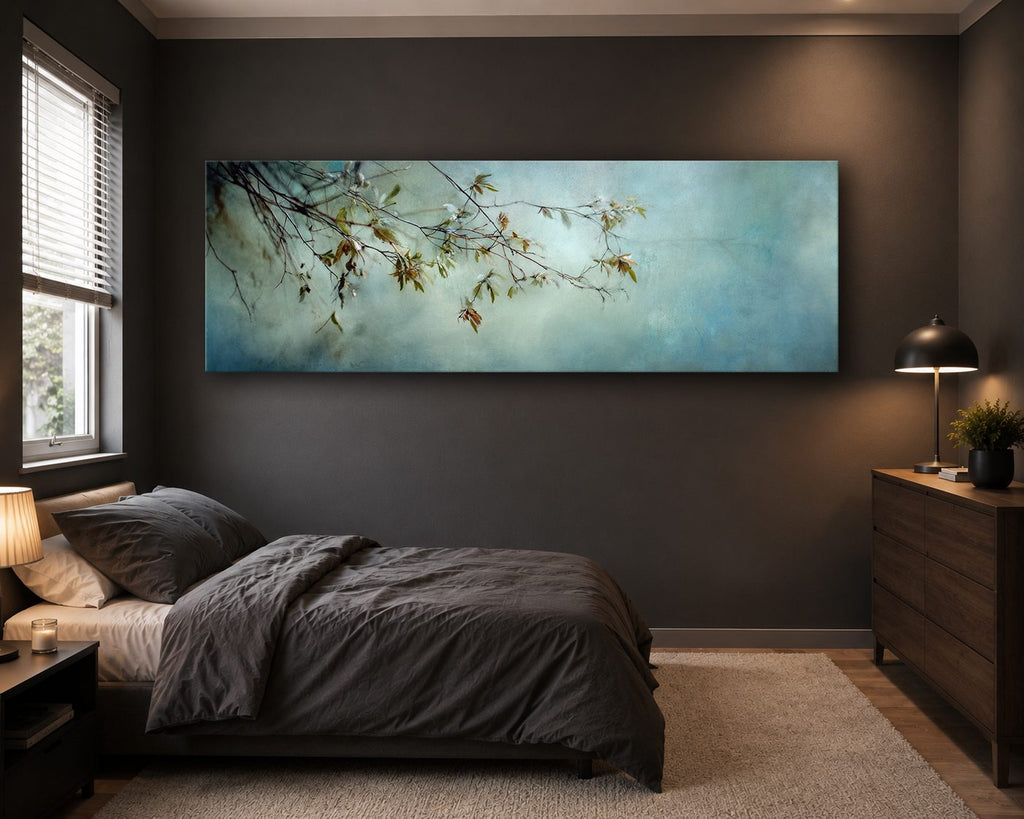Blossom Branch on Misty Teal canvas wall art, unframed canvas