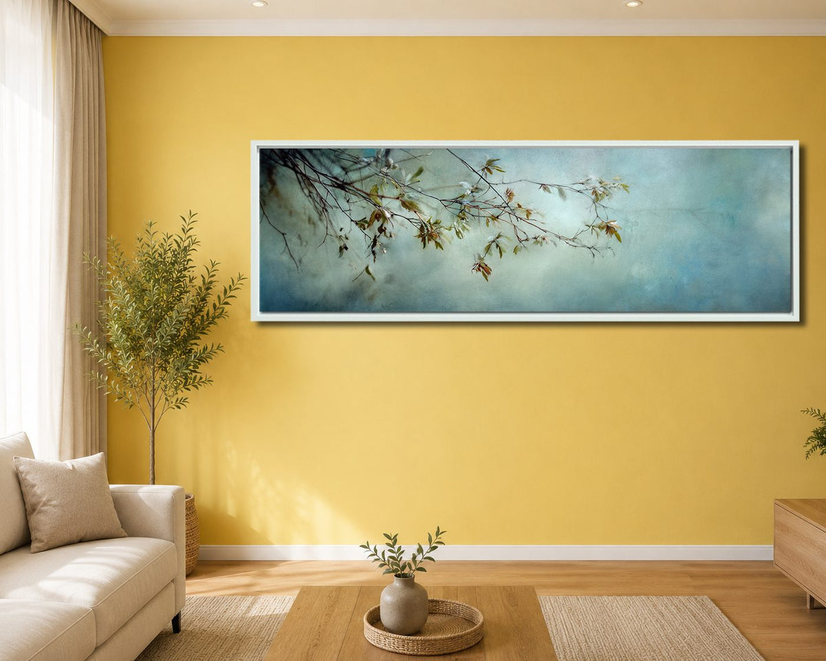 Blossom Branch on Misty Teal canvas wall art, white floating frame