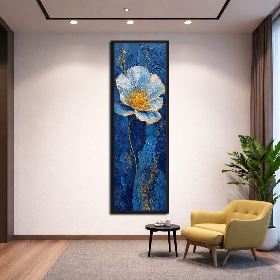 Blue and Gold Textured Flower canvas wall art, black floating frame