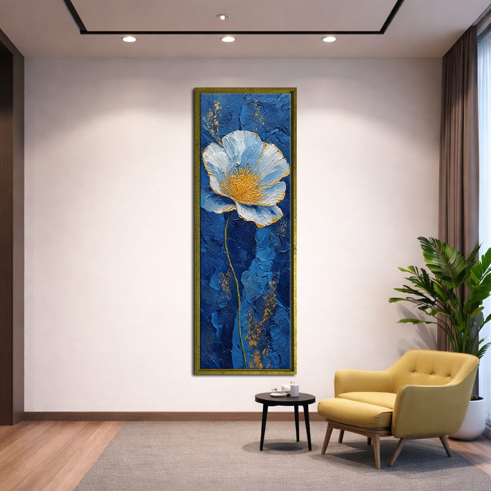 Blue and Gold Textured Flower canvas wall art, gold floating frame