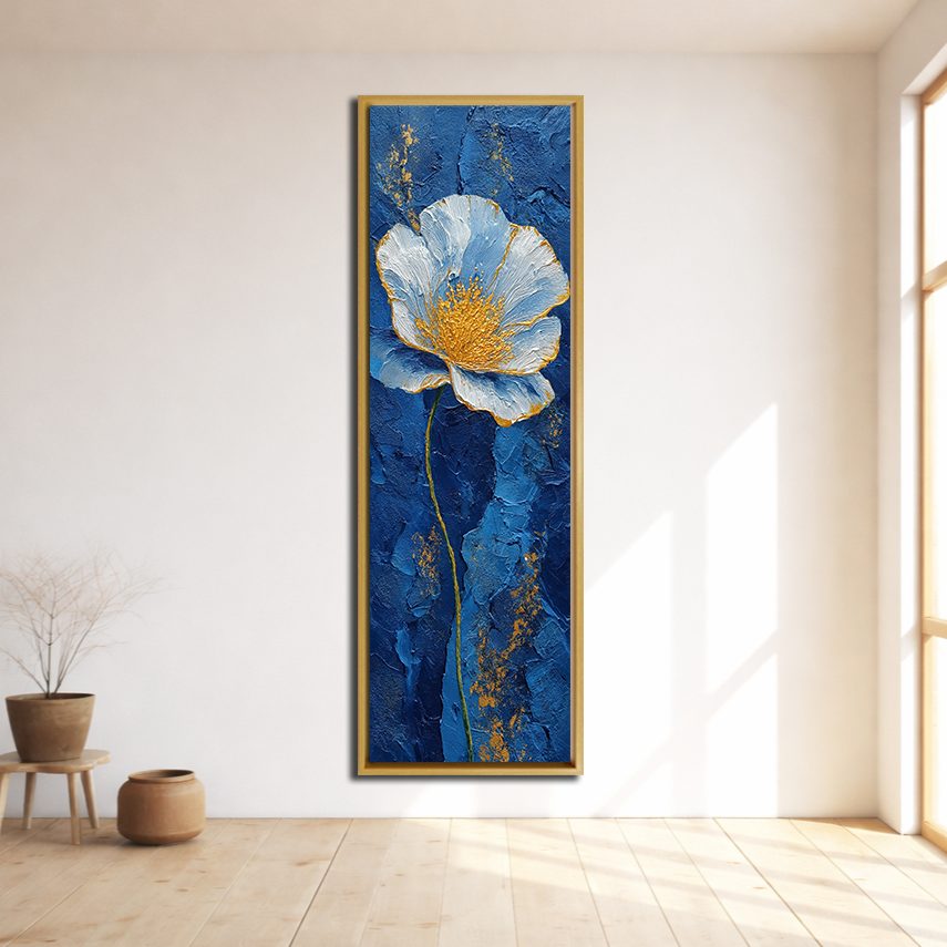 Blue and Gold Textured Flower canvas wall art, natural wood floating frame