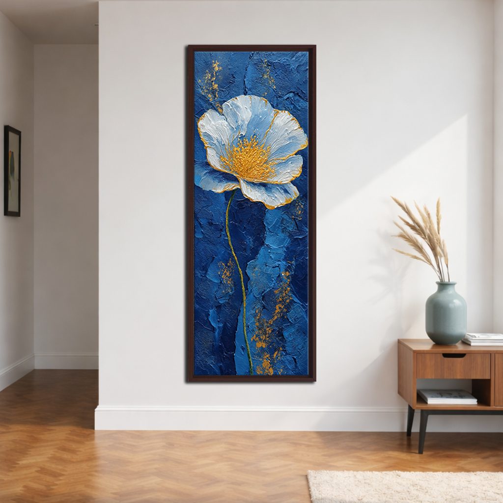Blue and Gold Textured Flower canvas wall art, walnut floating frame