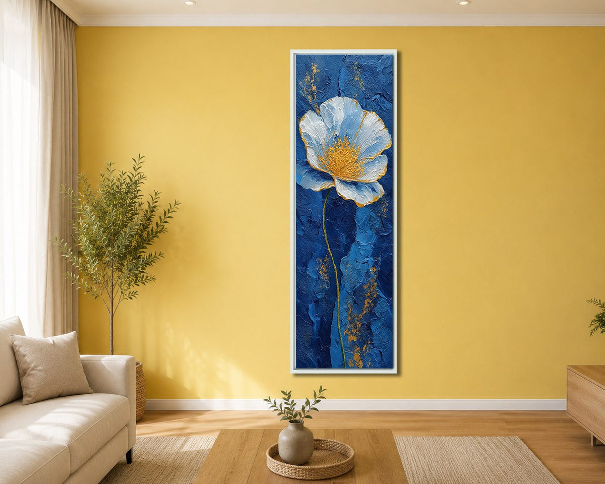 Blue and Gold Textured Flower canvas wall art, white floating frame
