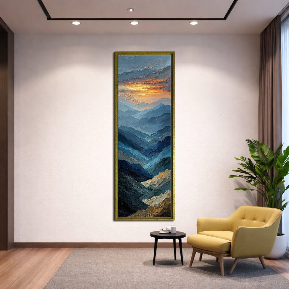Blue Mountain Layers at Sunset canvas wall art, gold floating frame