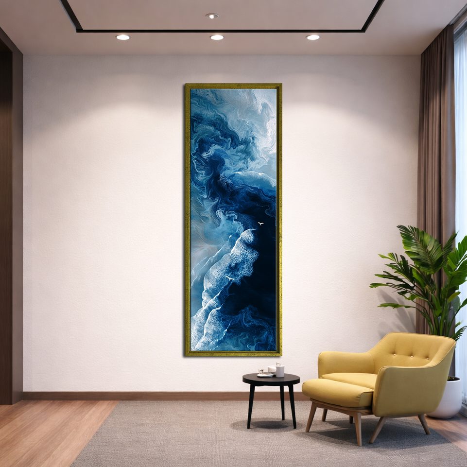 Blue Ocean Fluid Abstract canvas wall art, gold floating frame
