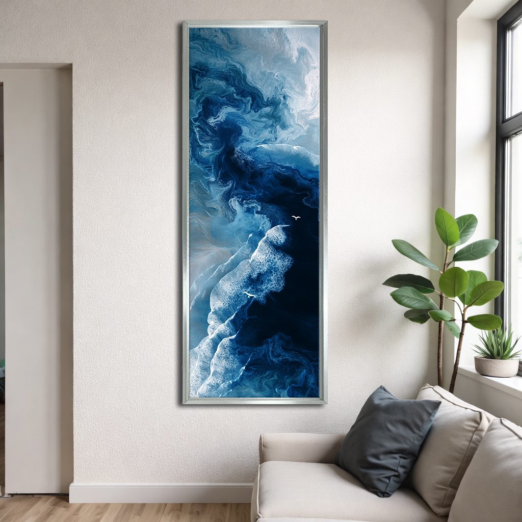 Blue Ocean Fluid Abstract canvas wall art, silver floating frame