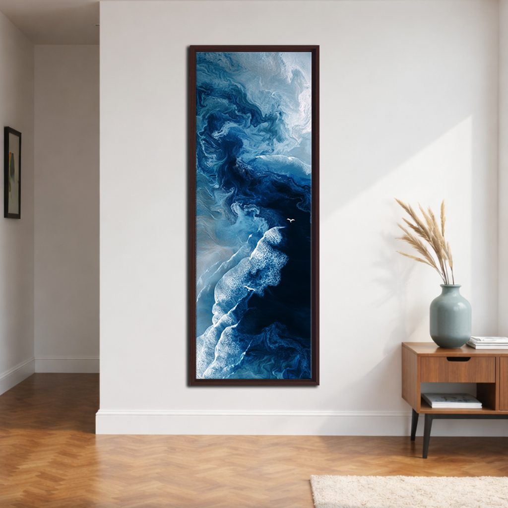 Blue Ocean Fluid Abstract canvas wall art, walnut floating frame