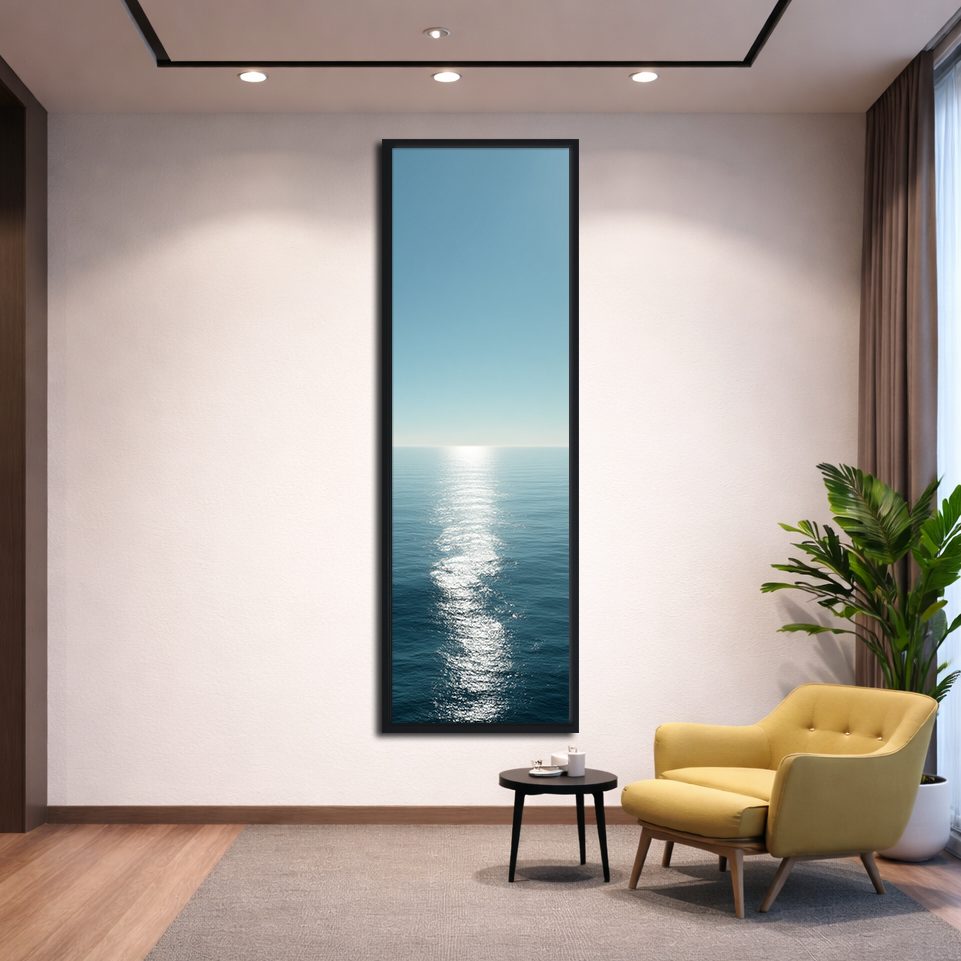 Calm Ocean Horizon Sunlight canvas wall art, black floating frame