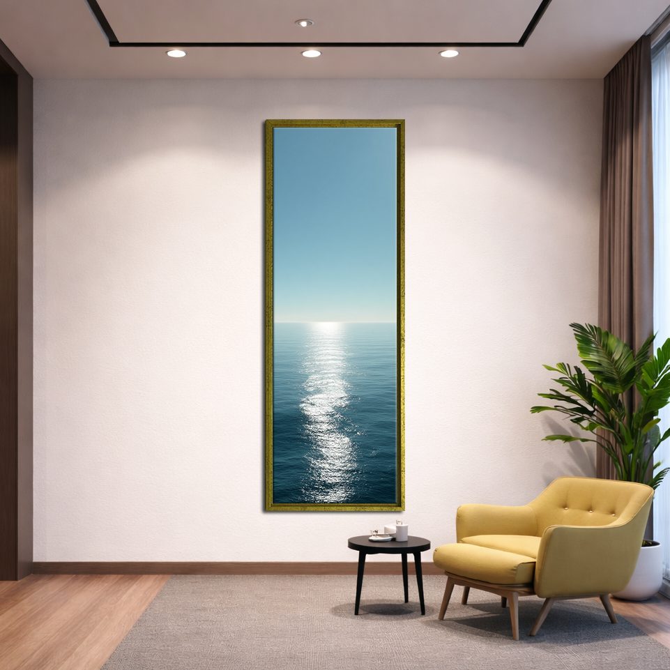 Calm Ocean Horizon Sunlight canvas wall art, gold floating frame