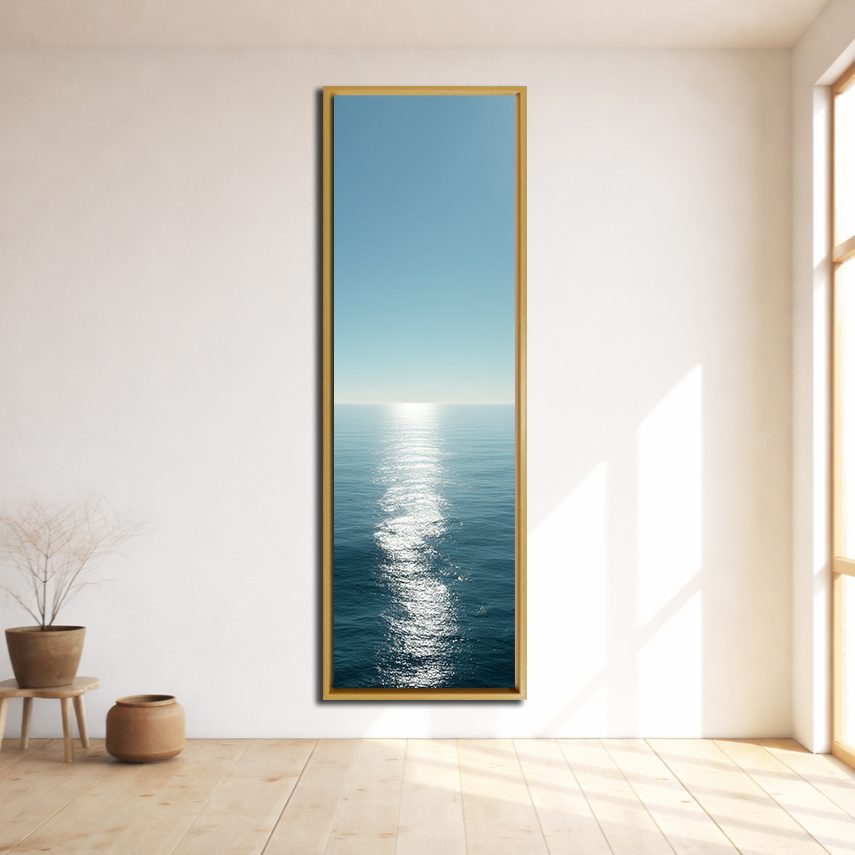 Calm Ocean Horizon Sunlight canvas wall art, natural wood floating frame