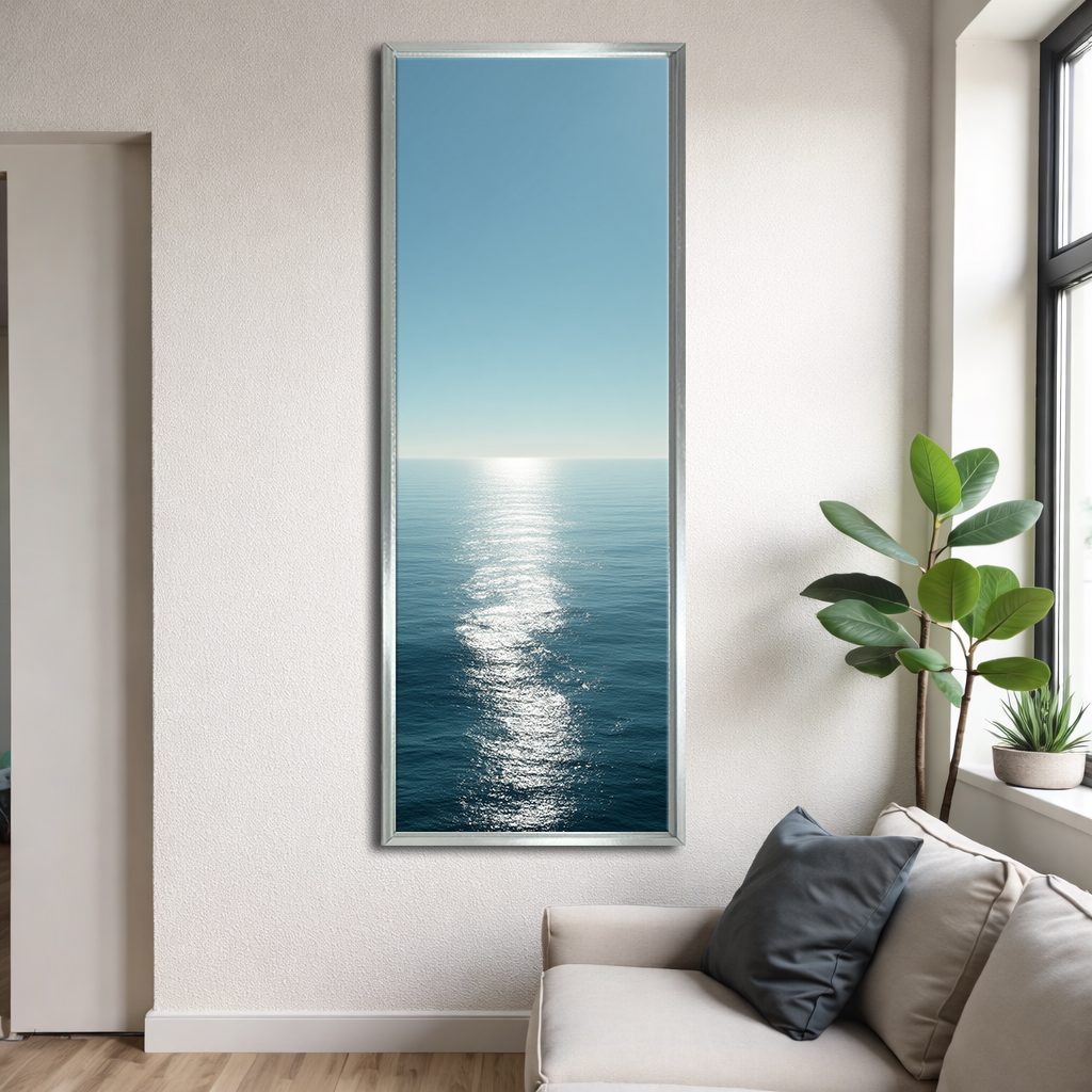Calm Ocean Horizon Sunlight canvas wall art, silver floating frame