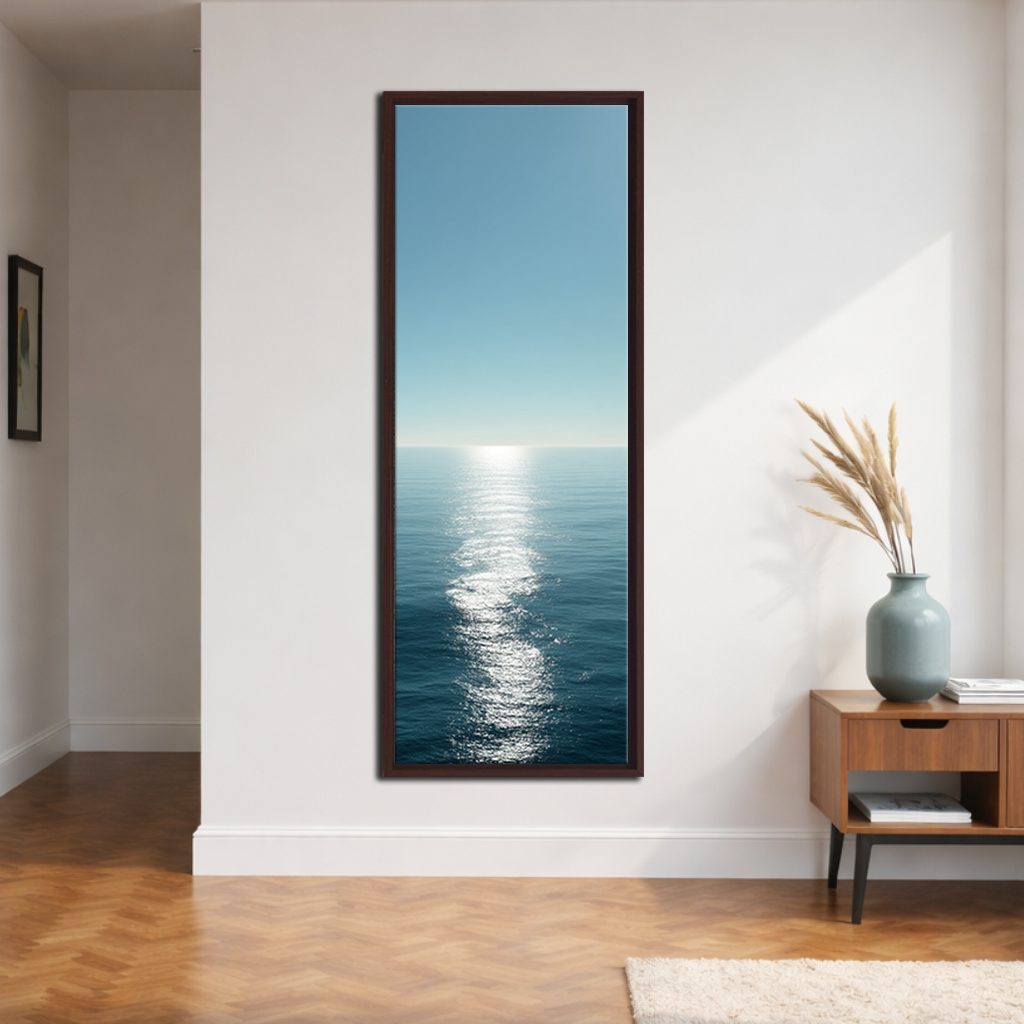 Calm Ocean Horizon Sunlight canvas wall art, walnut floating frame