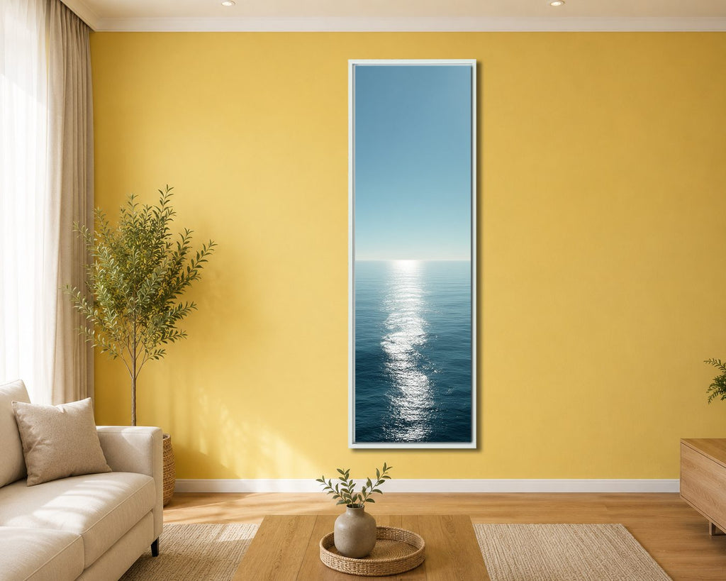 Calm Ocean Horizon Sunlight canvas wall art, white floating frame