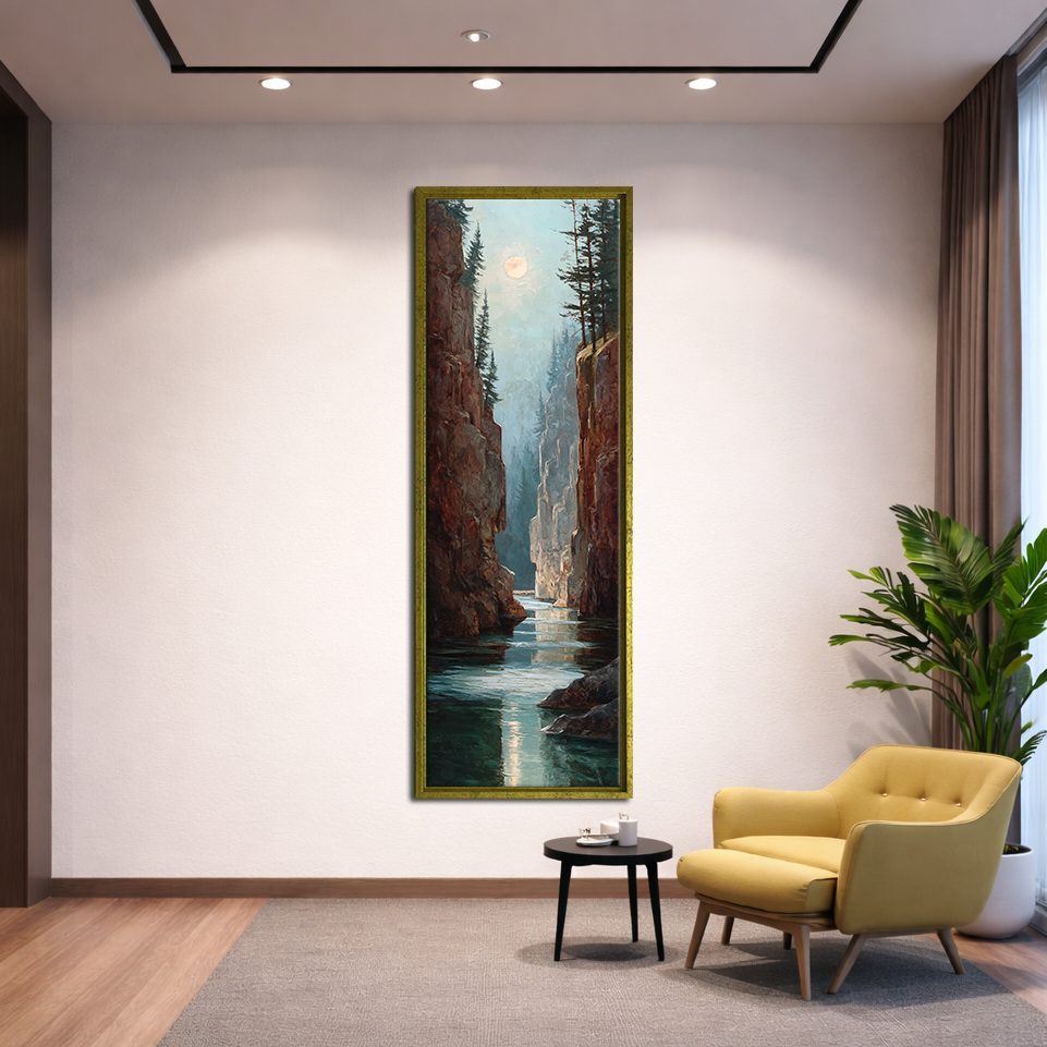 Canyon River under the Moon canvas wall art, gold floating frame