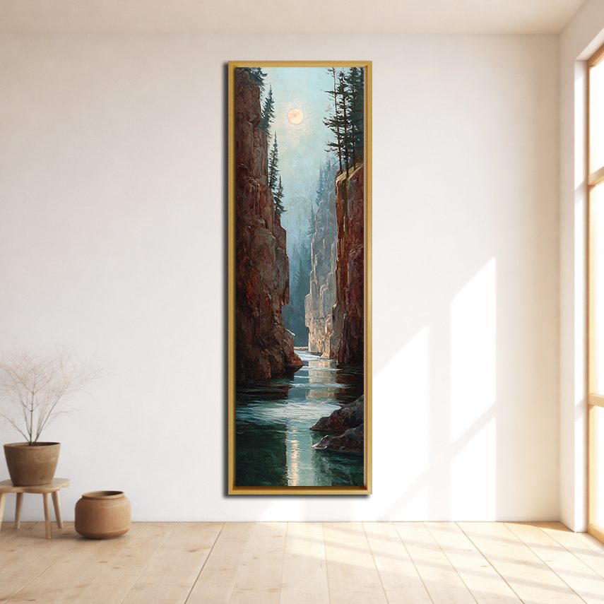 Canyon River under the Moon canvas wall art, natural wood floating frame