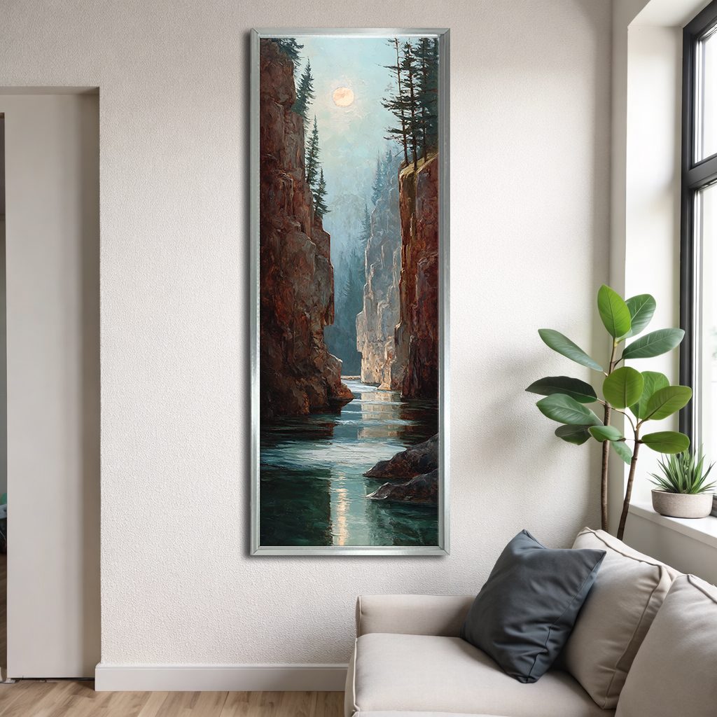 Canyon River under the Moon canvas wall art, silver floating frame