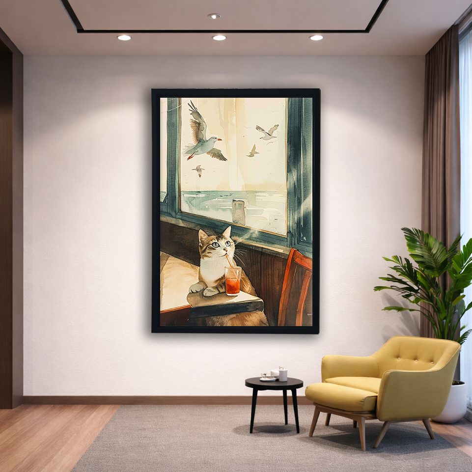 Cat by the Seaside Window canvas wall art, black floating frame