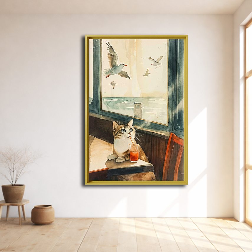 Cat by the Seaside Window canvas wall art, natural wood floating frame