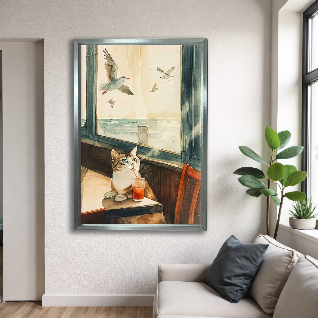 Cat by the Seaside Window canvas wall art, silver floating frame