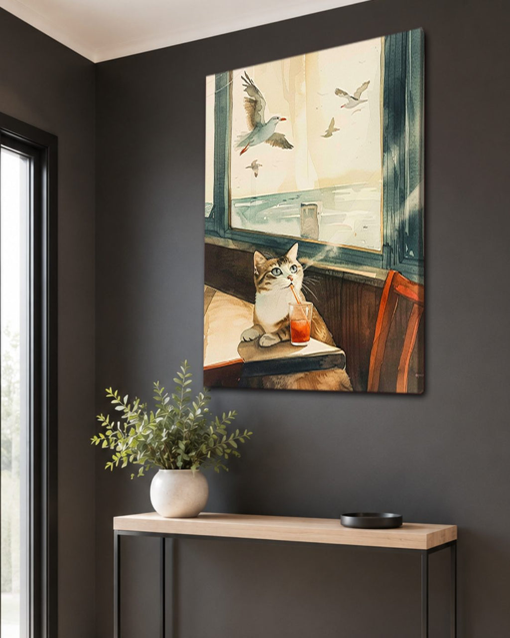 Cat by the Seaside Window canvas wall art, unframed canvas
