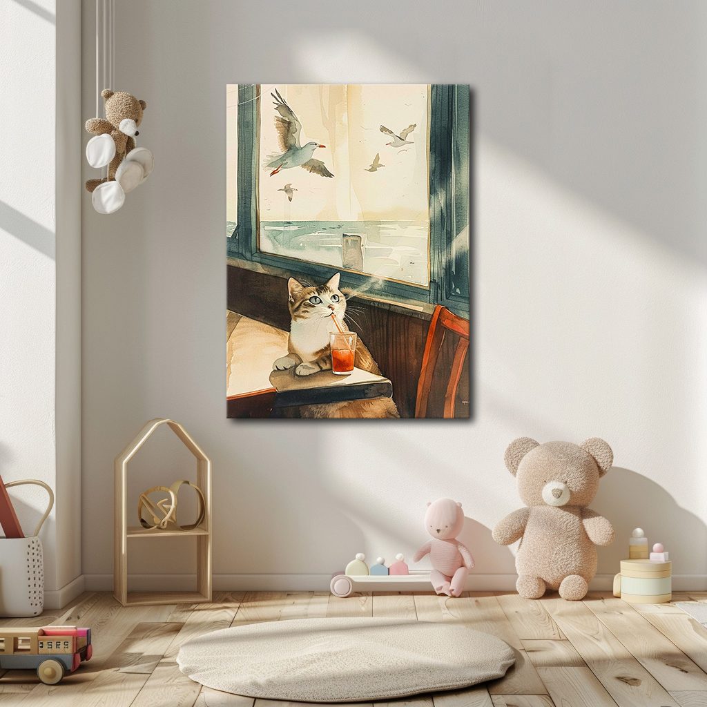 Cat by the Seaside Window canvas wall art, unframed canvas
