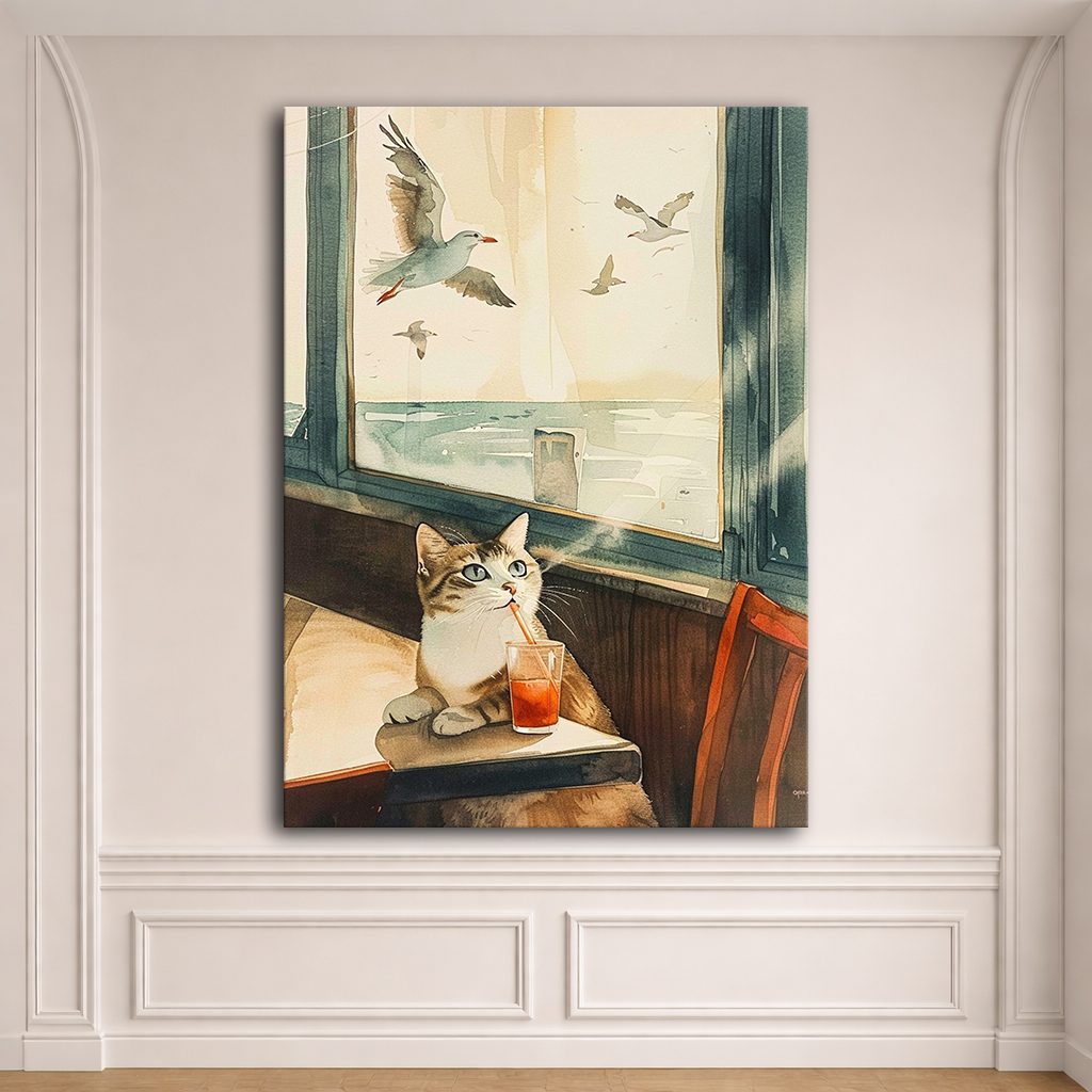Cat by the Seaside Window canvas wall art, unframed canvas